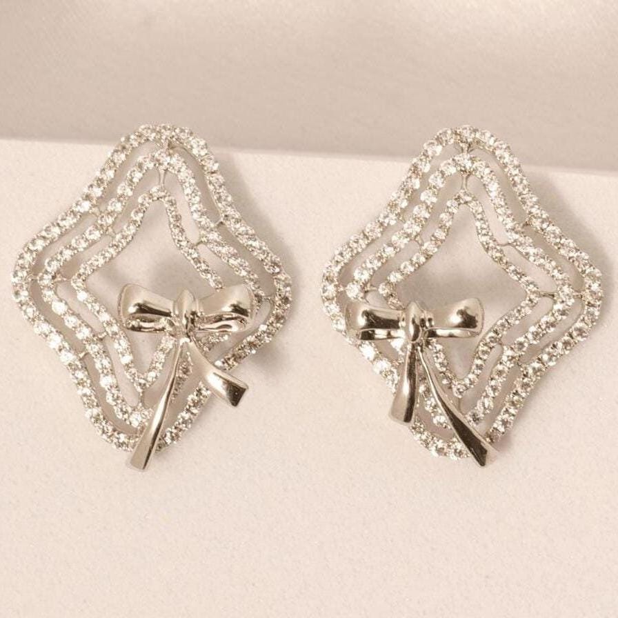 Bow Diamond Stud Earrings, 14k Solid Gold, Natural Diamonds, Halo Layered Earrings, Statement Cocktail Earrings, Ribbon Inspired Jewelry