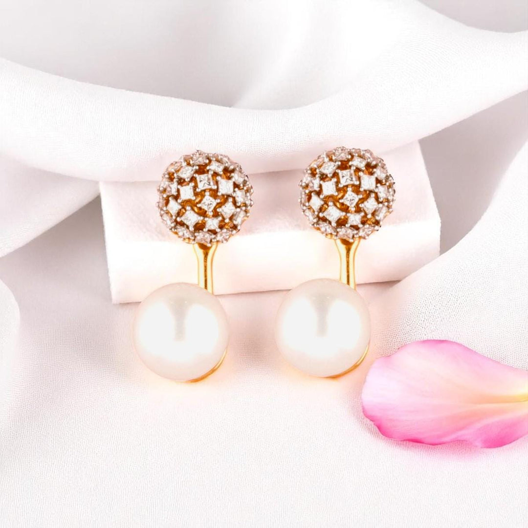 Pearl Diamond Drop Stud Earrings, 14k Solid Gold, Natural Diamonds, Bridal Wedding Studs, Cluster Dome Jewelry,  Statement Earrings
