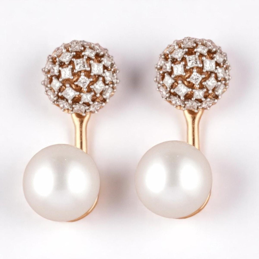 Pearl Diamond Drop Stud Earrings, 14k Solid Gold, Natural Diamonds, Bridal Wedding Studs, Cluster Dome Jewelry,  Statement Earrings