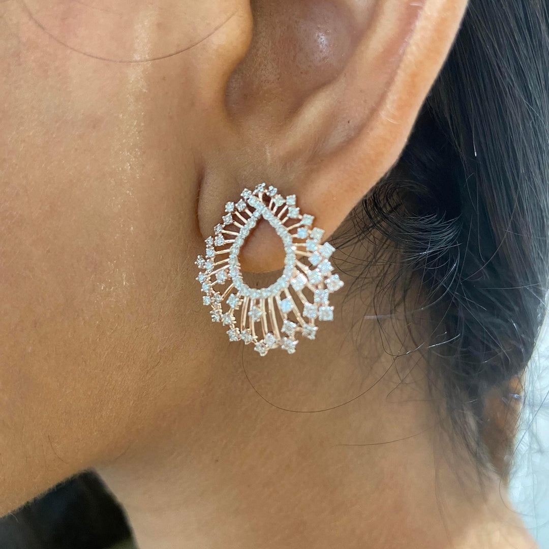 Peacock Feather Natural Diamond Stud: 14k Solid Gold Teardrop Sunburst Earrings, IGI Certified, Ready To Ship