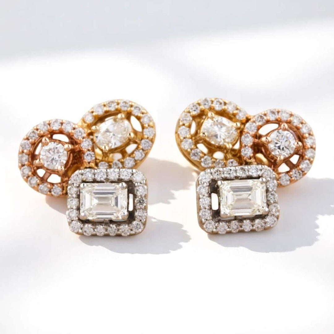 Halo Diamond Stud Earrings, Oval, Emerald & Round Natural Diamonds, 14K Solid Gold, Three Tone Statement Studs, Bridal Wedding Earrings