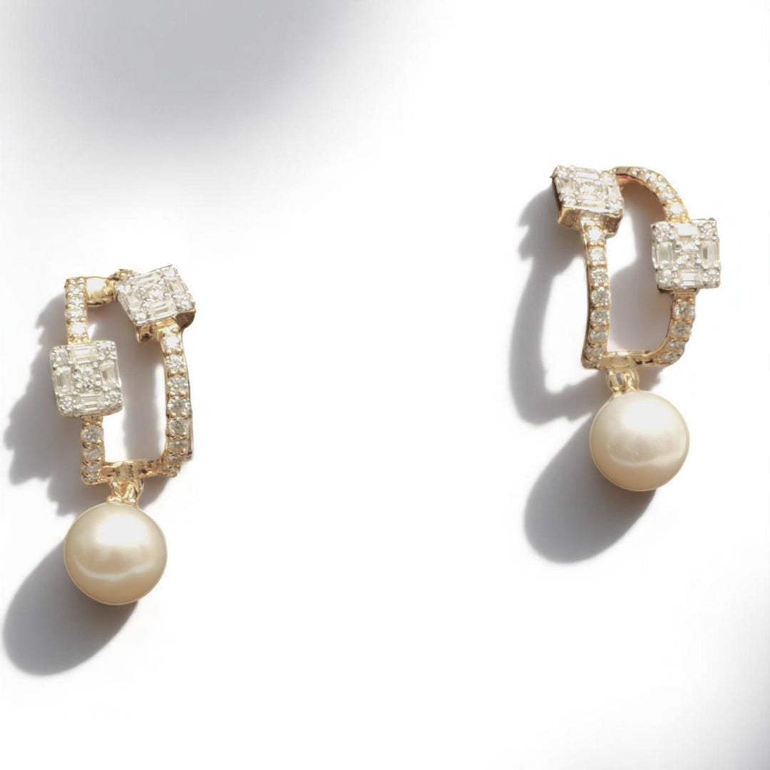 Pearl Drop Huggie Earrings, 14k Solid Gold, Natural Diamonds, Illusion Set Statement Jewelry, Bridal Cocktail Earrings