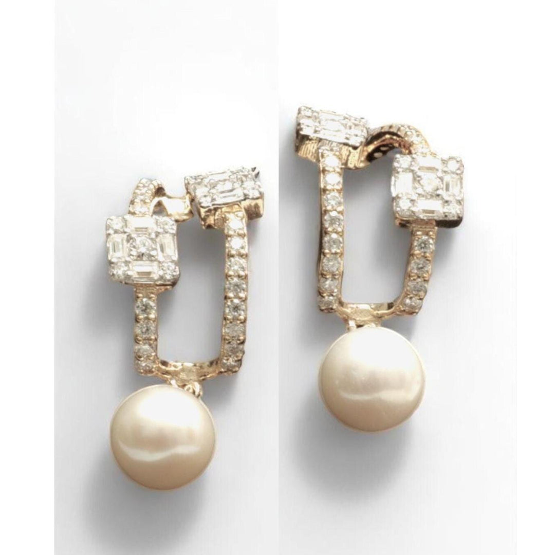 Pearl Drop Huggie Earrings, 14k Solid Gold, Natural Diamonds, Illusion Set Statement Jewelry, Bridal Cocktail Earrings