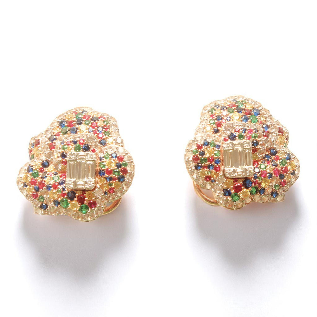 Flower Rainbow Stud Earrings, 14k Solid Gold, Natural Diamonds, Multicolor Cocktail Jewelry, Bridal Wedding Earrings, Statement Party Studs