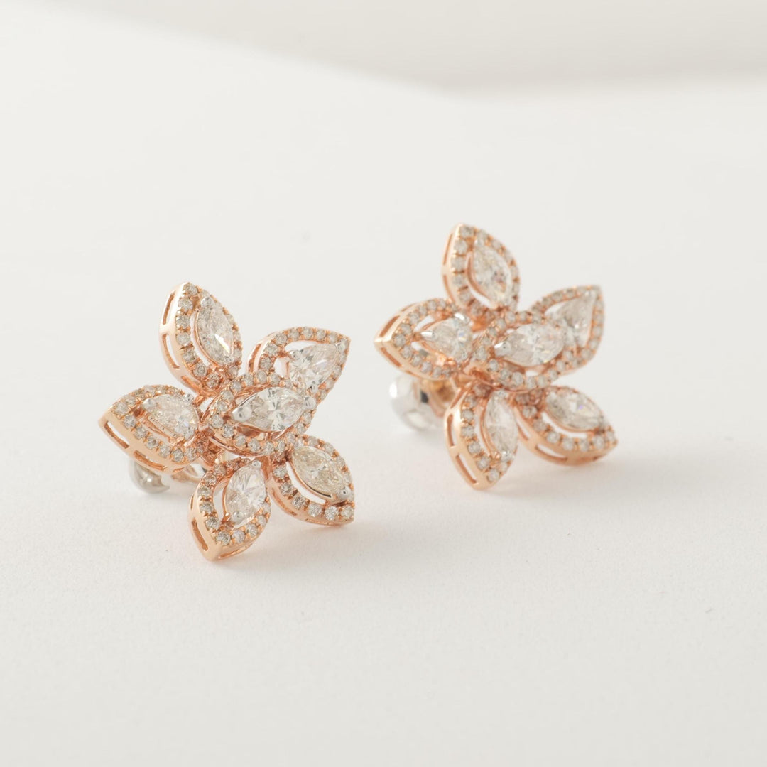 Floral Cluster Diamond Earrings, 14k Solid Gold, Natural Diamond, Marquise Pear Petal Jewelry, Halo Bridal Statement Studs, Cocktail Jewelry