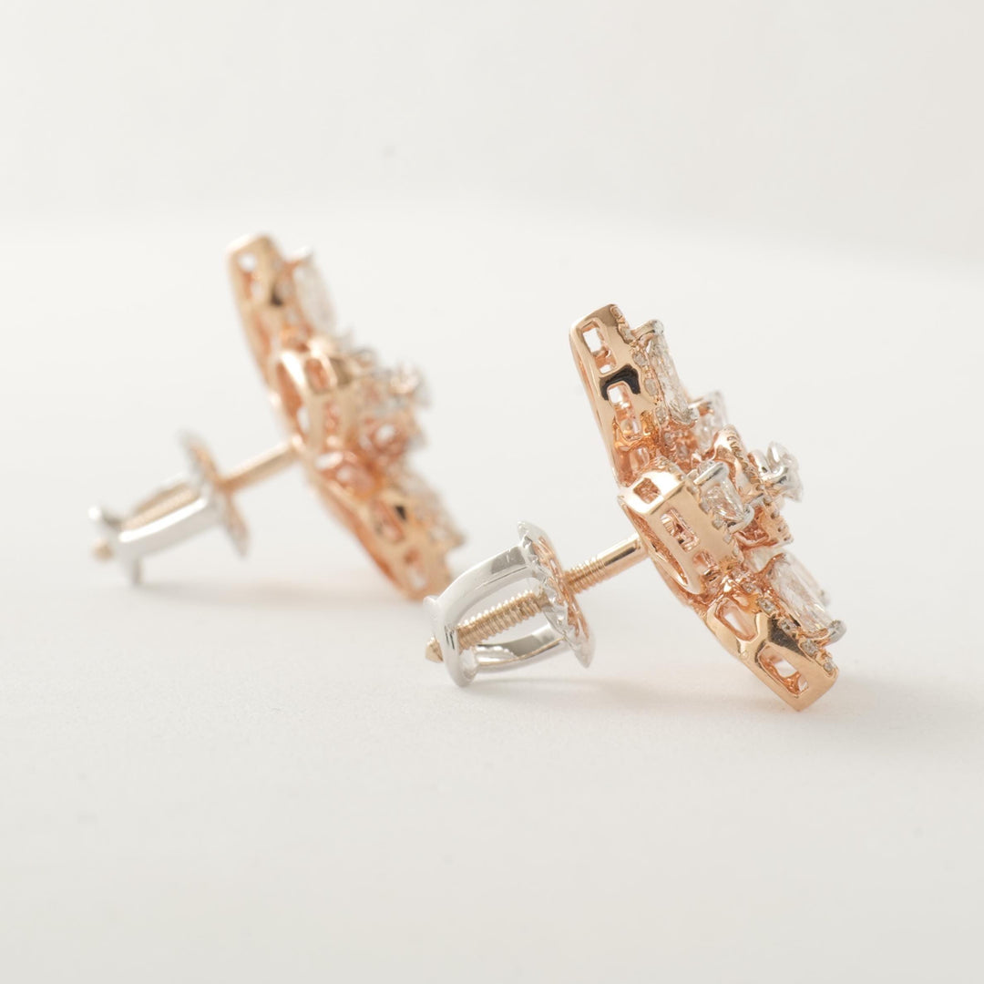 Floral Cluster Diamond Earrings, 14k Solid Gold, Natural Diamond, Marquise Pear Petal Jewelry, Halo Bridal Statement Studs, Cocktail Jewelry