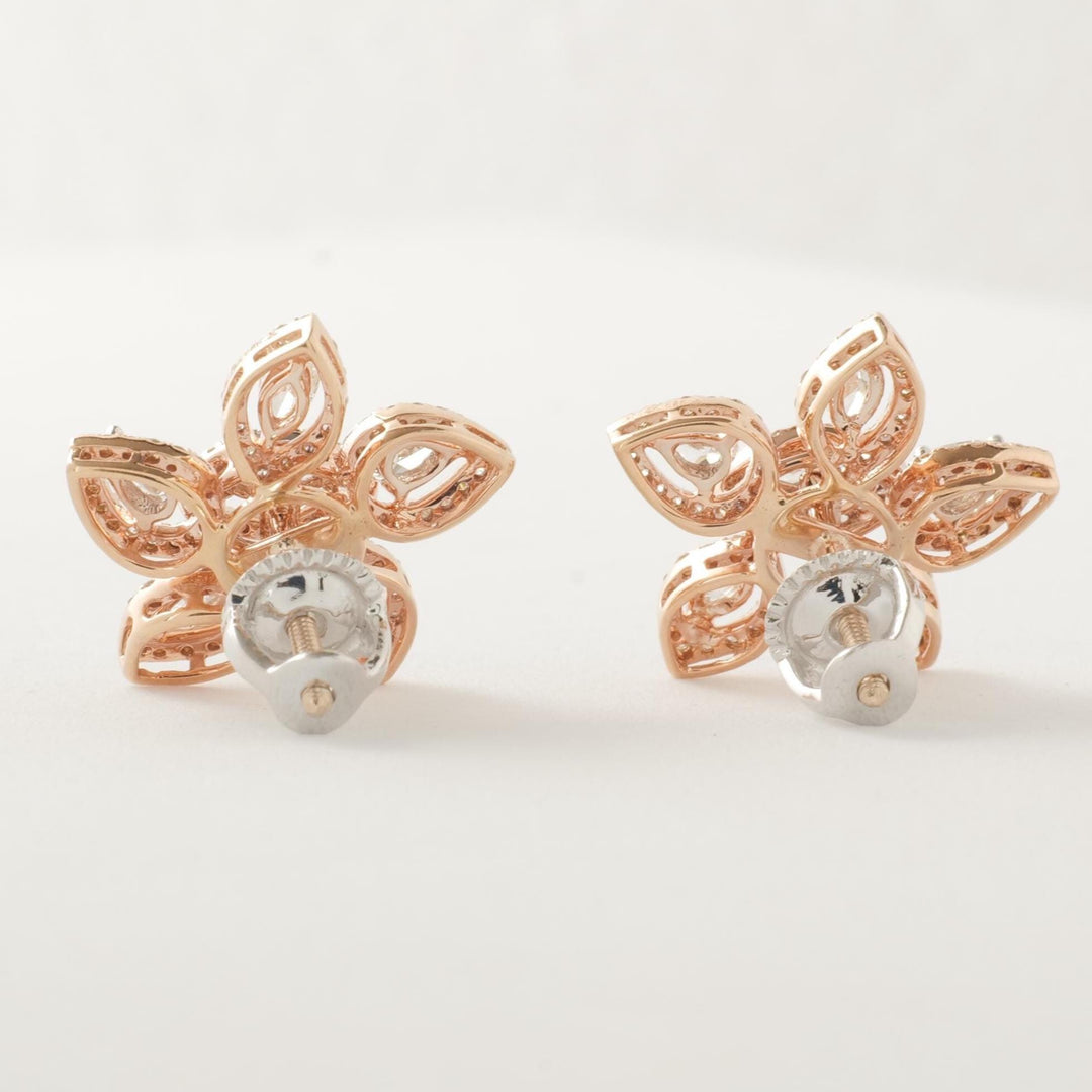 Floral Cluster Diamond Earrings, 14k Solid Gold, Natural Diamond, Marquise Pear Petal Jewelry, Halo Bridal Statement Studs, Cocktail Jewelry