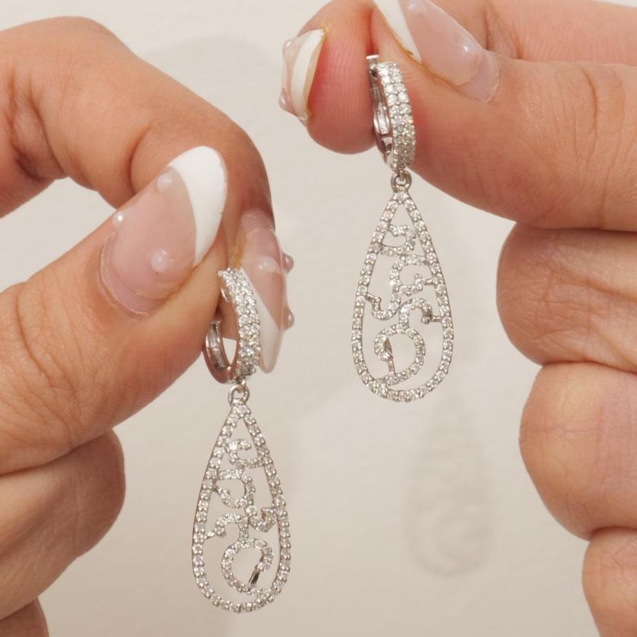 Teardrop Diamond Dangle Earrings, 14k Solid Gold, Natural Diamonds, Filigree Drop Earrings, Bridal Statement Dangles, Openwork Drop Jewelry