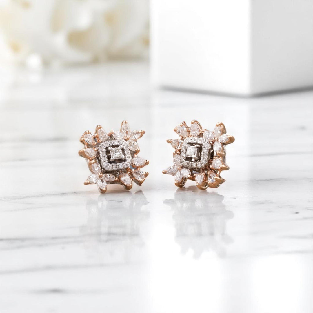 Leaflet Floral Diamond Stud Earrings, 14k Solid Gold, Natural Diamonds, Princess Marquise Cluster Jewelry,  Cocktail Statement Earrings