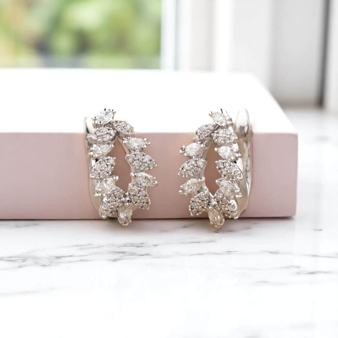 Leaves Diamond Huggie Earrings, 14k Solid Gold, Natural Diamonds, Marquise Pavé Cocktail Jewelry, Bridal Statement Hoops