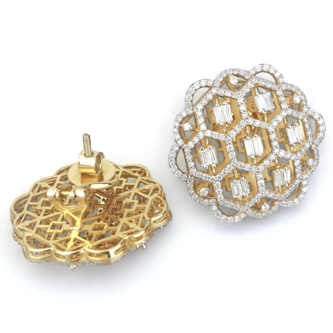 Floral Lattice Diamond Stud Earrings, 14k Solid Gold, Natural Diamonds, Honeycomb Baguette Studs, Statement Cocktail Jewelry