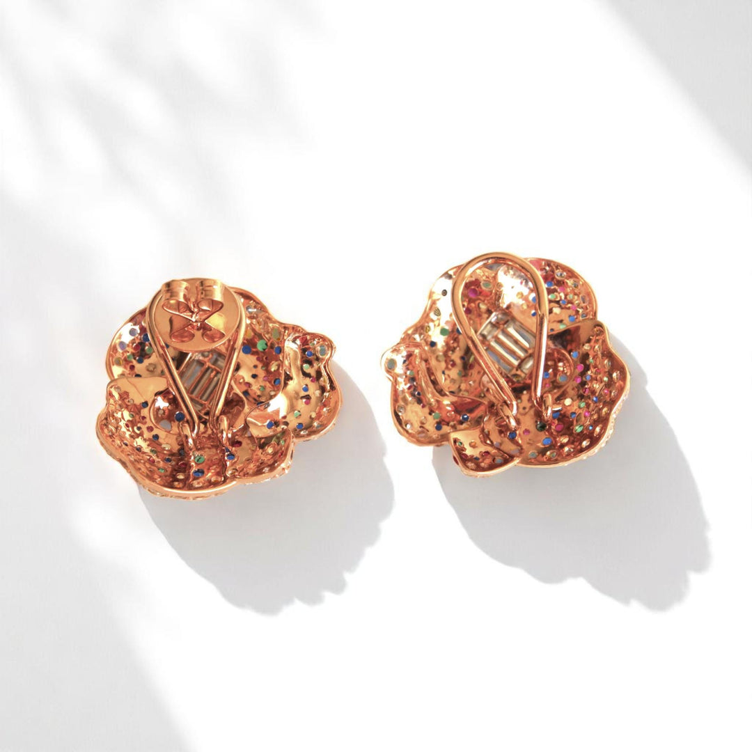 Flower Rainbow Stud Earrings, 14k Solid Gold, Natural Diamonds, Multicolor Cocktail Jewelry, Bridal Wedding Earrings, Statement Party Studs