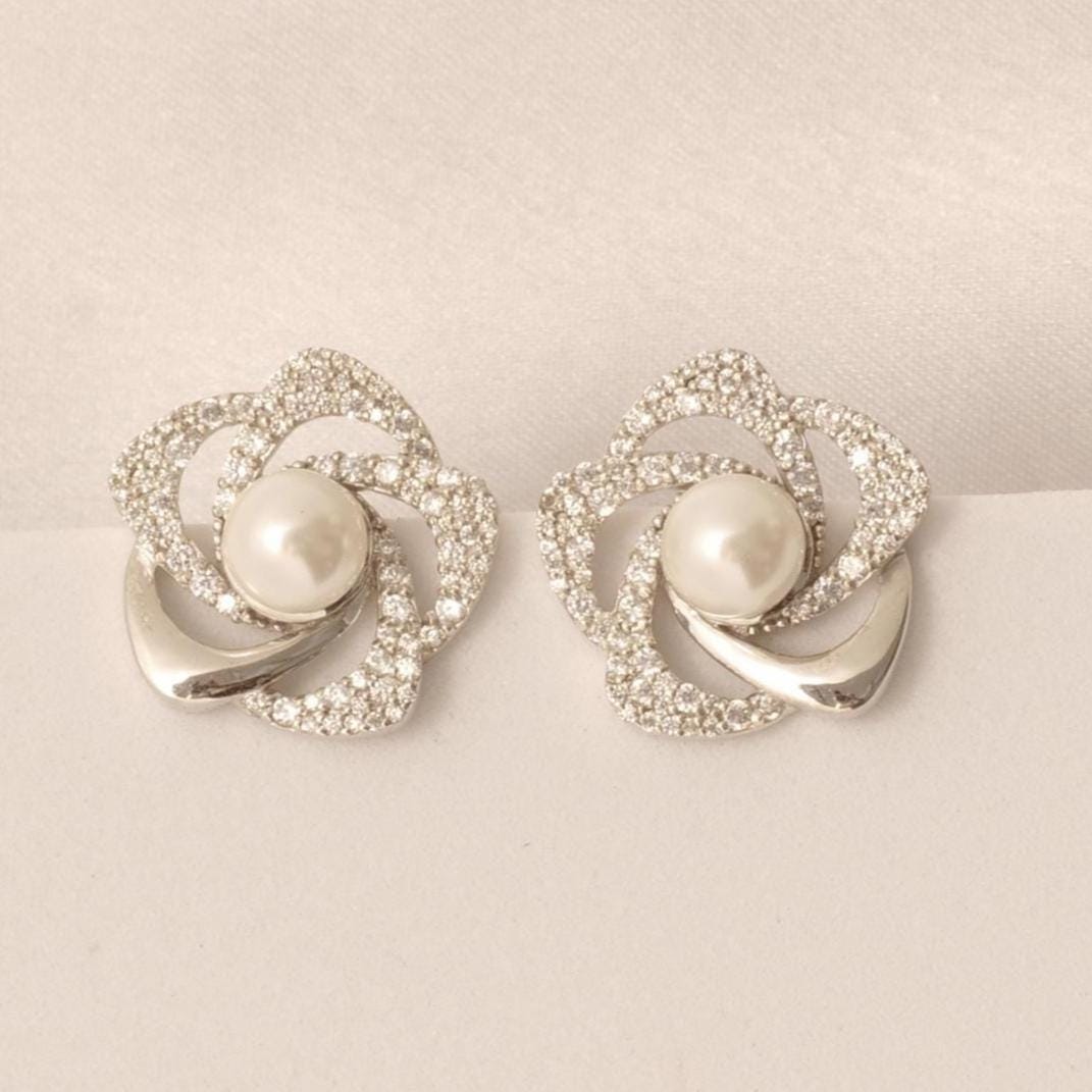 Floral Pearl Diamond Earrings, 14k Solid Gold, Natural Diamonds, Pave Flower Studs, Everyday Cocktail Jewelry, Cluster Pave Setting