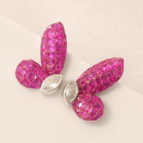 Butterfly Pink Sapphire Diamond Stud Earrings, 14k Solid Gold,  Natural Diamonds, Everyday Gemstone Earrings, Statement Cocktail Jewelry