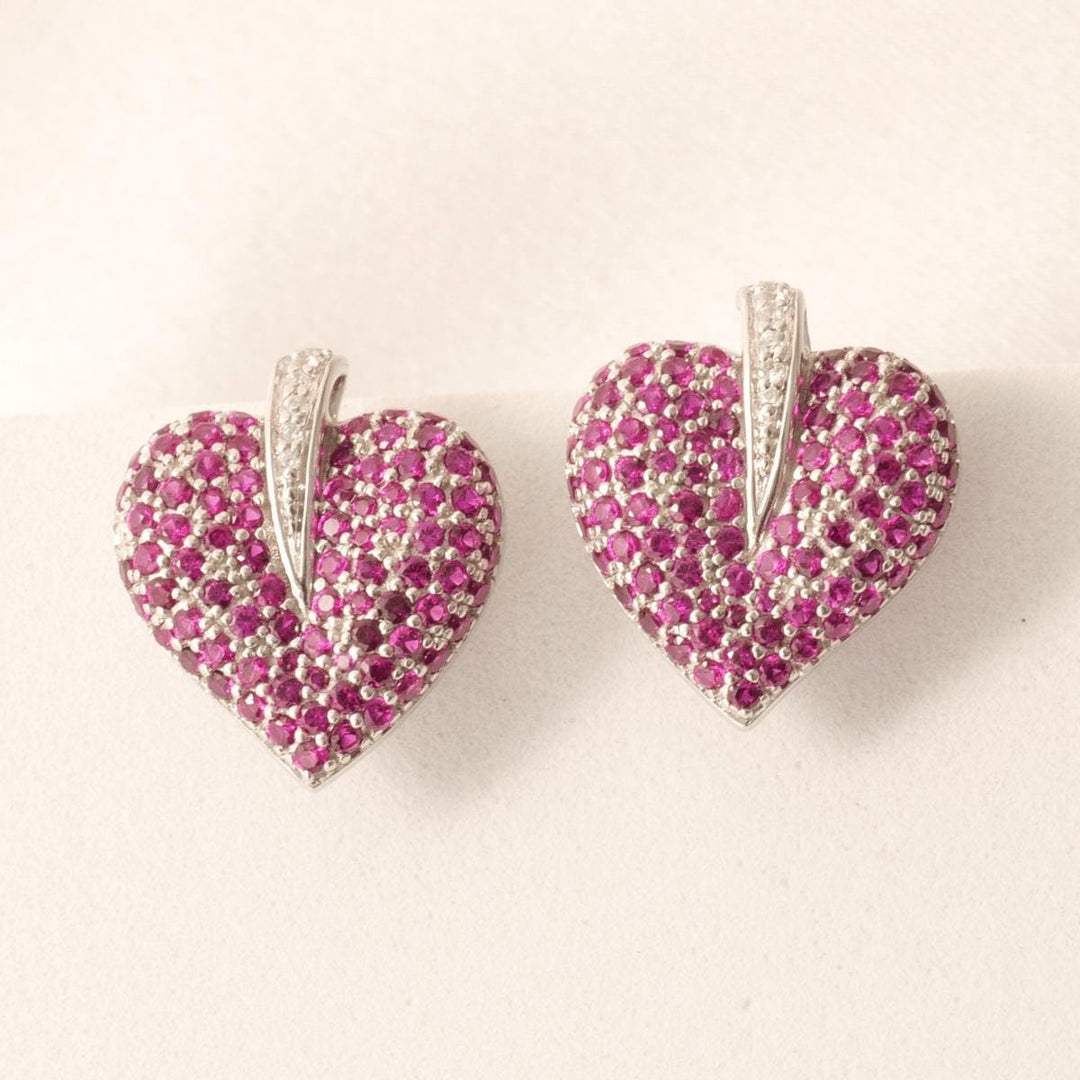 Heart Pink Sapphire Diamond Stud Earrings, 14k Solid Gold, Natural Diamonds, Cluster Pave Gemstone Studs, Statement Cocktail Jewelry