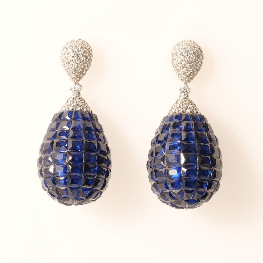 Blue Sapphire Diamond Drop Earrings, 14k Solid Gold, Natural Diamonds, Carved Gemstone Dangle, Statement Cocktail Jewelry, Invisible Setting