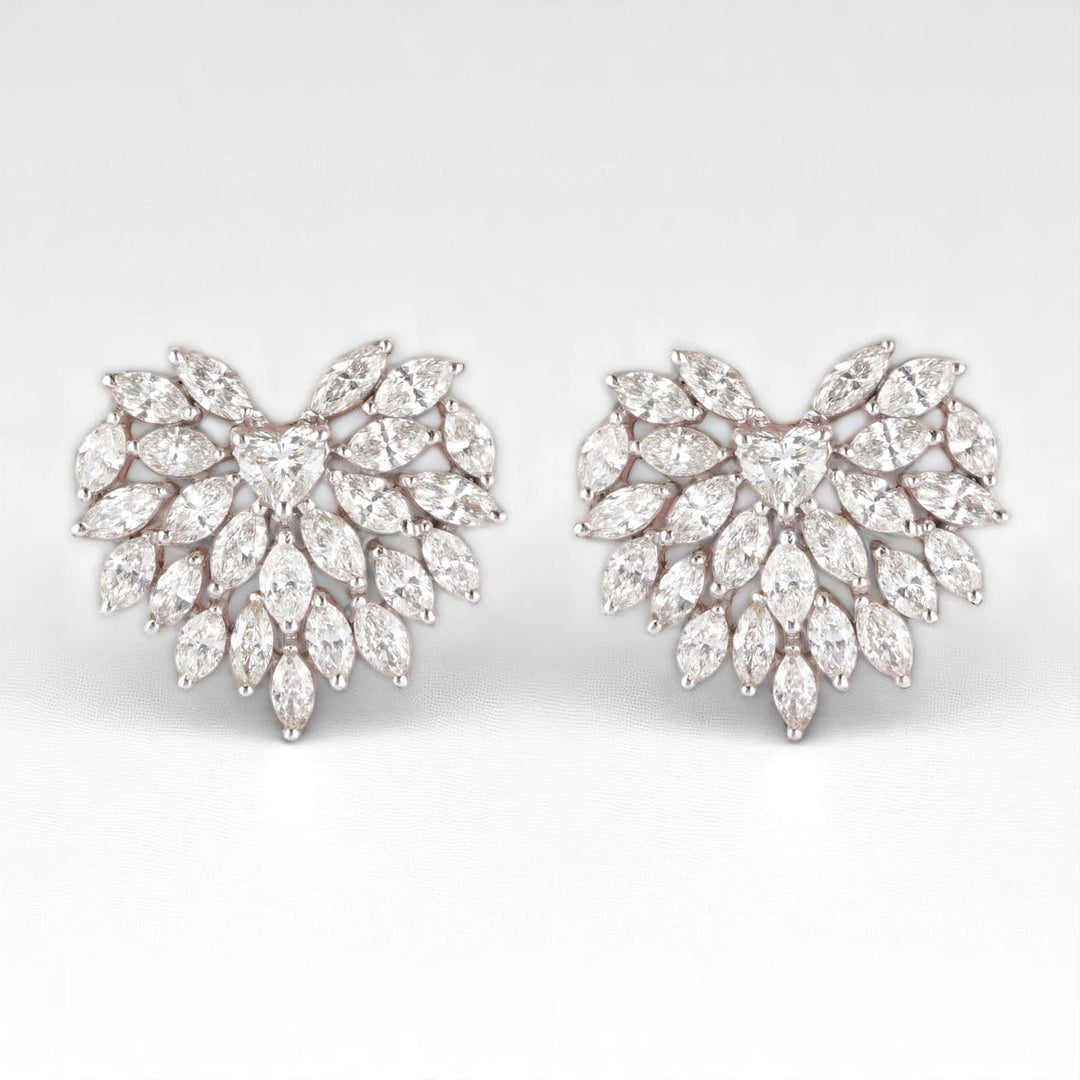 Heart Cluster Stud Earrings, 14k Solid Gold, Natural Diamonds, Angel Marquise Wings Earrings, Bridal Statement Jewelry, Cocktail Studs