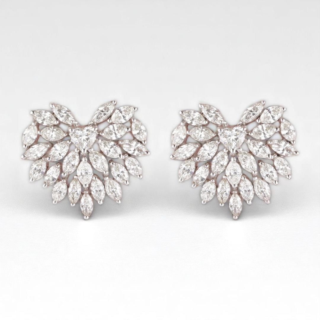 Heart Cluster Stud Earrings, 14k Solid Gold, Natural Diamonds, Angel Marquise Wings Earrings, Bridal Statement Jewelry, Cocktail Studs