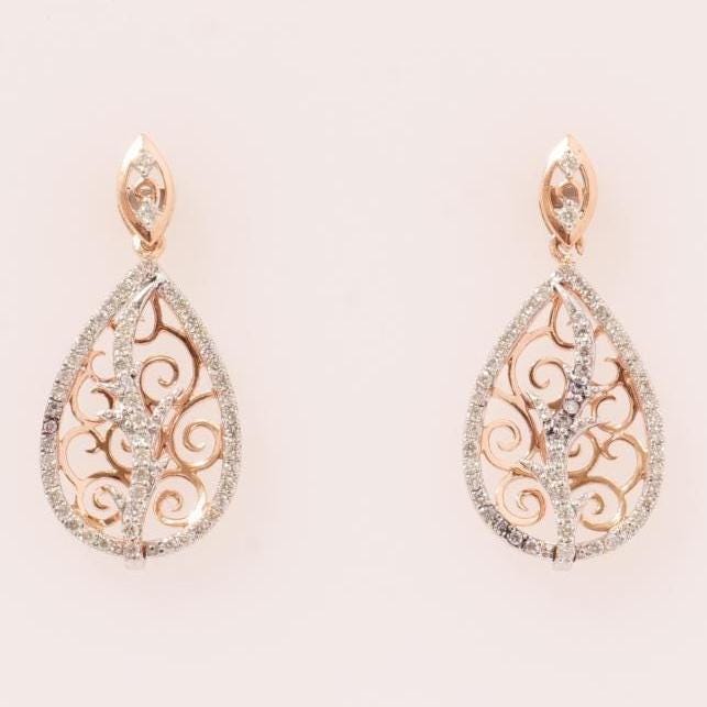 Teardrop Diamond Dangle Earrings, 14k Solid Gold, Natural Diamond, Dual Tone Bridal Earrings, Filigree Drop Earrings, Statement Earrings