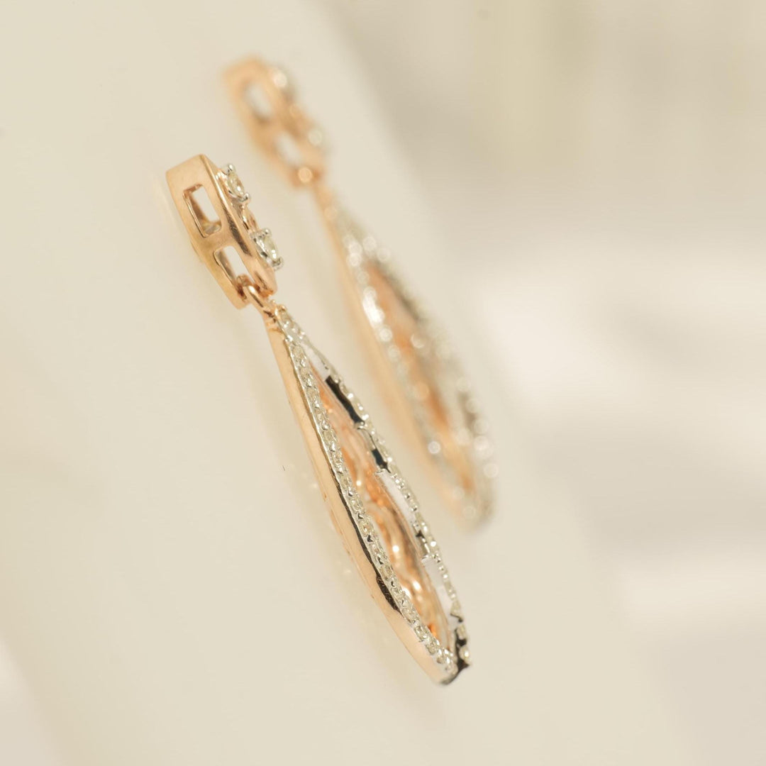 Teardrop Diamond Dangle Earrings, 14k Solid Gold, Natural Diamond, Dual Tone Bridal Earrings, Filigree Drop Earrings, Statement Earrings