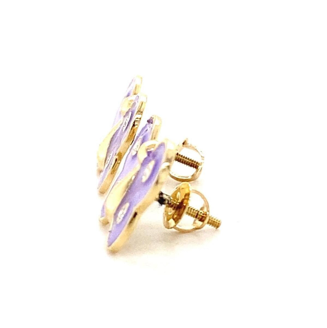 Kids Butterfly Diamond Stud Earrings, 14k Solid Gold With Purple Enameling, Natural Diamonds, Gift for girls, Ready To Ship, HRD Certified