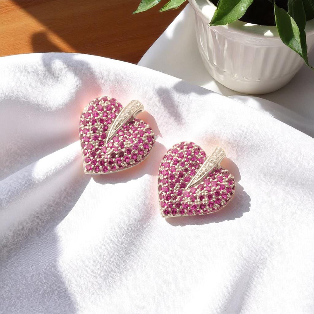 Heart Pink Sapphire Diamond Stud Earrings, 14k Solid Gold, Natural Diamonds, Cluster Pave Gemstone Studs, Statement Cocktail Jewelry
