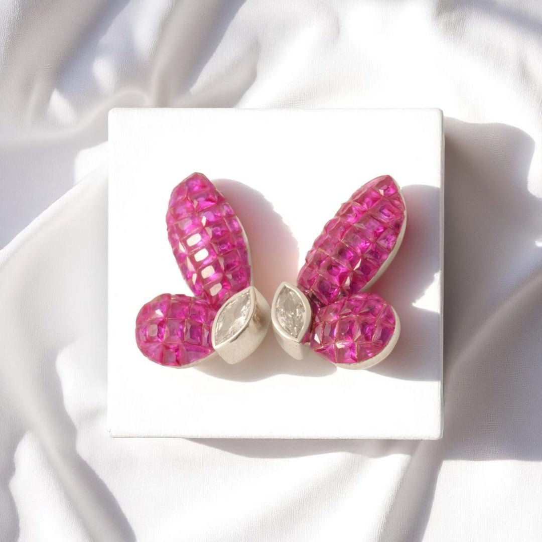 Butterfly Pink Sapphire Diamond Stud Earrings, 14k Solid Gold,  Natural Diamonds, Everyday Gemstone Earrings, Statement Cocktail Jewelry