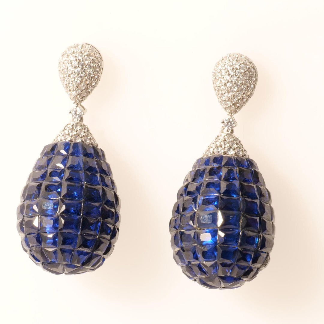 Blue Sapphire Diamond Drop Earrings, 14k Solid Gold, Natural Diamonds, Carved Gemstone Dangle, Statement Cocktail Jewelry, Invisible Setting