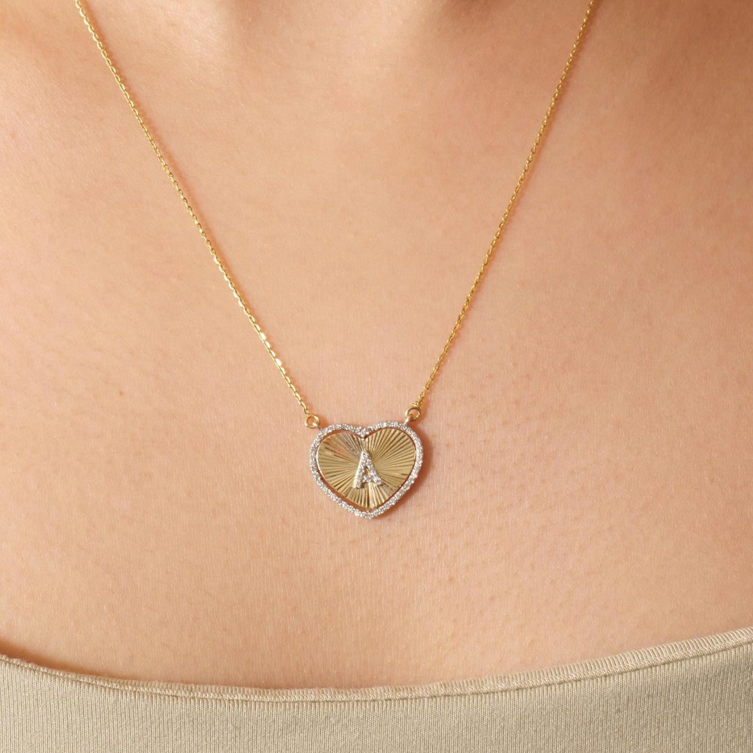 Heart Initial Medallion Diamond Necklace, 14k Solid Gold, Natural Diamonds, Everyday Halo Pendant, Personalised Letter Charm, Ready To Ship