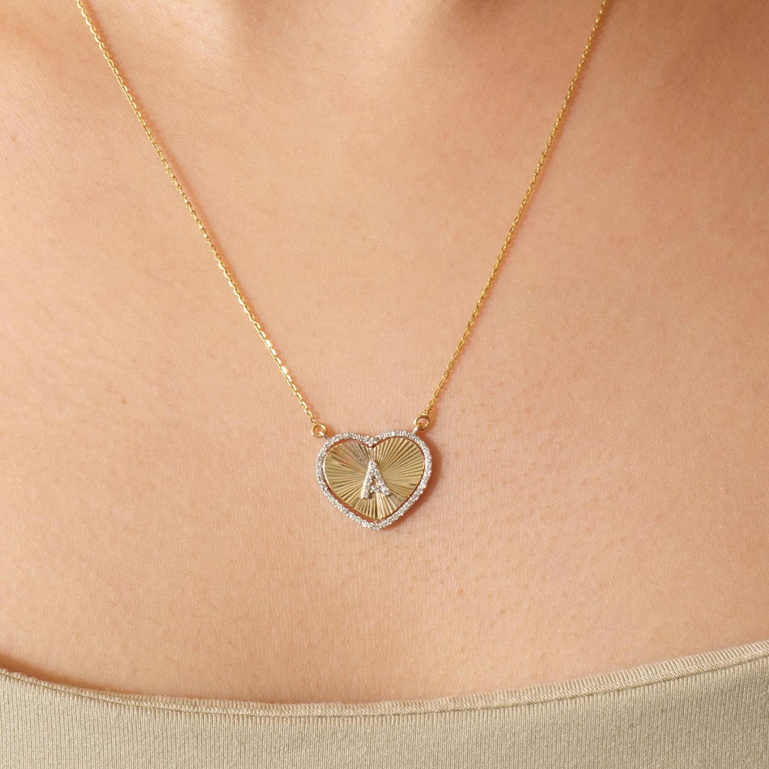 Heart Initial Medallion Diamond Necklace, 14k Solid Gold, Natural Diamonds, Everyday Halo Pendant, Personalised Letter Charm, Ready To Ship