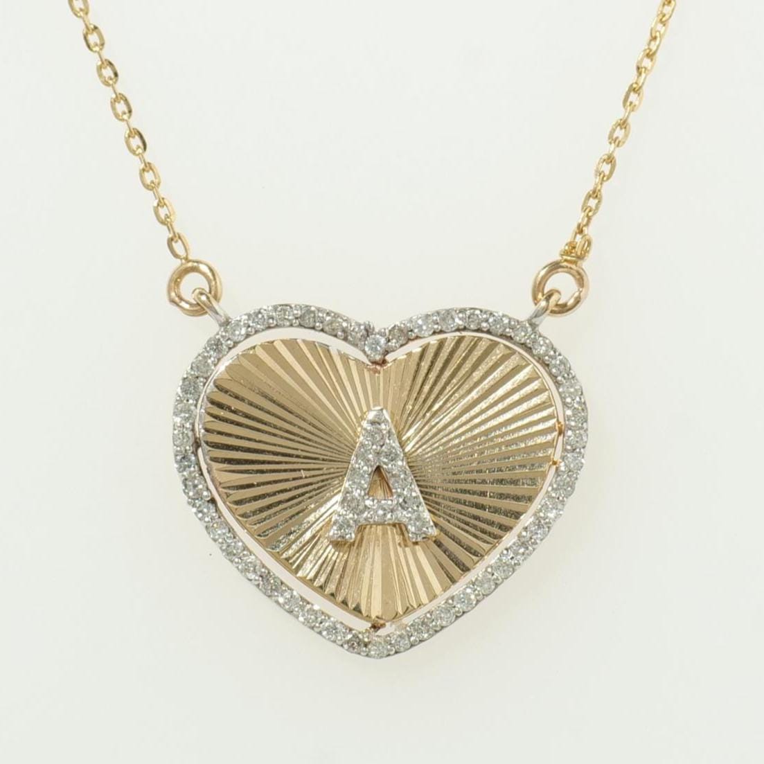 Heart Initial Medallion Diamond Necklace, 14k Solid Gold, Natural Diamonds, Everyday Halo Pendant, Personalised Letter Charm, Ready To Ship