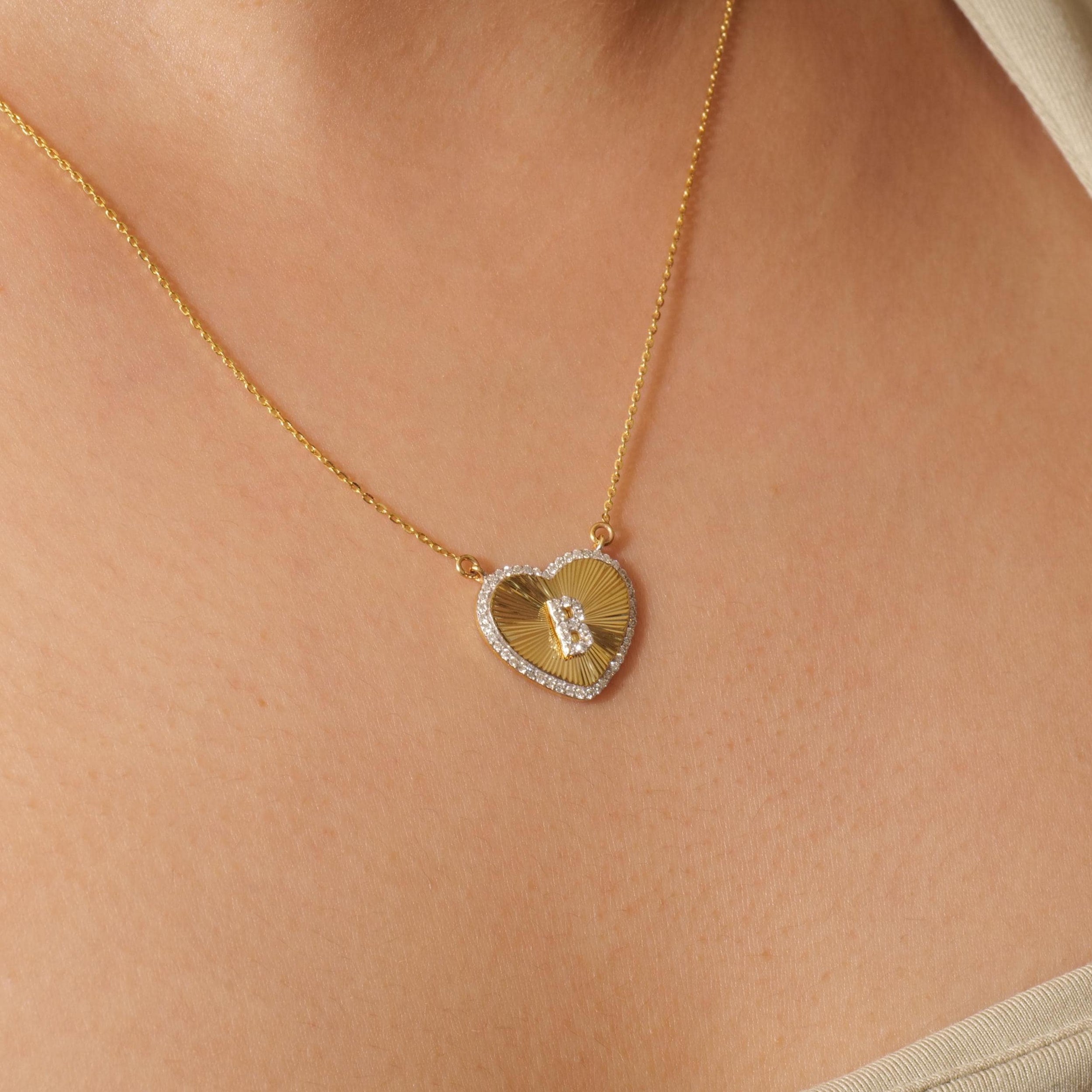 Heart Initial Medallion Diamond Necklace, 14k Solid Gold, Natural Diamonds, Everyday Halo Pendant, Personalised Letter Charm, Ready To Ship