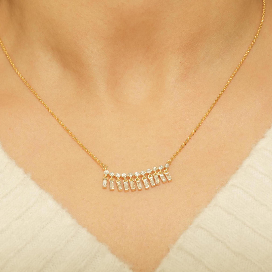 Baguette Drop Bar Diamond Necklace, 14k Solid Gold, Natural Diamond, Bezel Set Necklace, Everyday Stackable Chain, Minimalist Jewelry