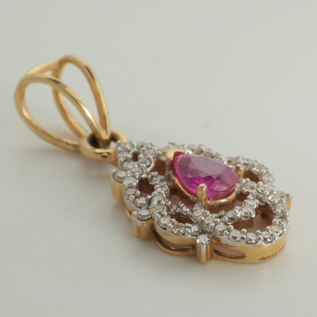 Filigree Ruby Diamond Pendant Necklace, 14k Solid Gold, Natural Diamond, Gemstone Statement Chain Pendant, Pear Vintage Jewelry