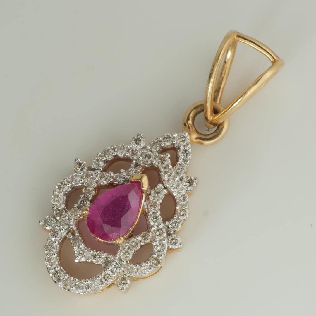 Filigree Ruby Diamond Pendant Necklace, 14k Solid Gold, Natural Diamond, Gemstone Statement Chain Pendant, Pear Vintage Jewelry
