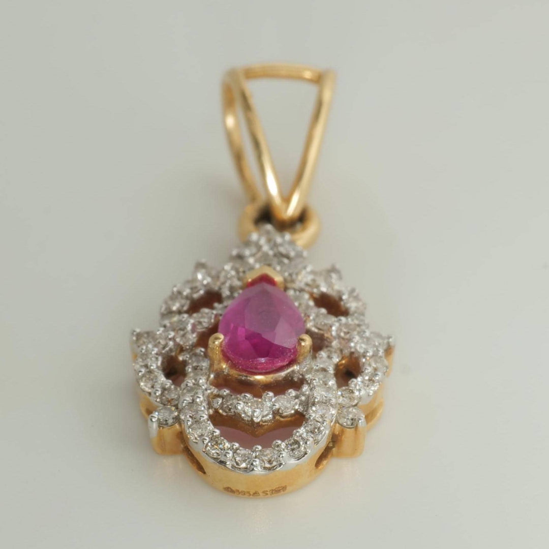 Filigree Ruby Diamond Pendant Necklace, 14k Solid Gold, Natural Diamond, Gemstone Statement Chain Pendant, Pear Vintage Jewelry