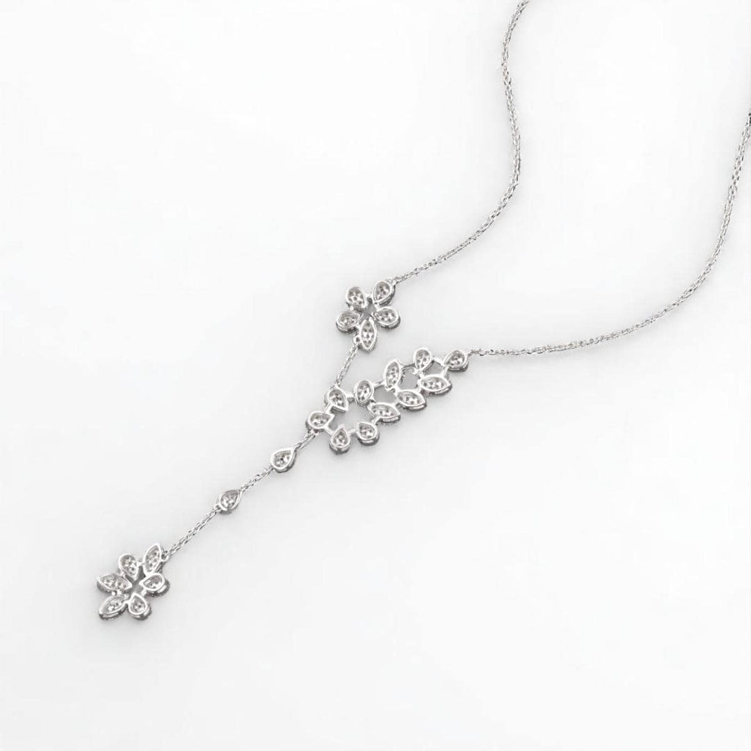 Floral Y-Drop Diamond Necklace, 14k Solid Gold, Natural Diamonds, Asymmetrical Flower Pear Shape Jewelry, Bridal Statement Necklace