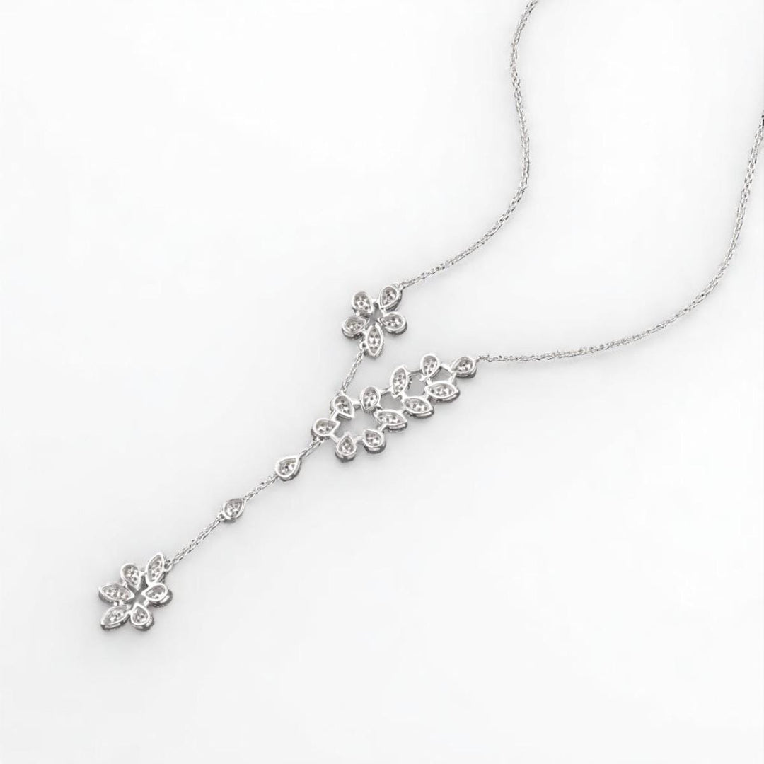 Floral Y-Drop Diamond Necklace, 14k Solid Gold, Natural Diamonds, Asymmetrical Flower Pear Shape Jewelry, Bridal Statement Necklace