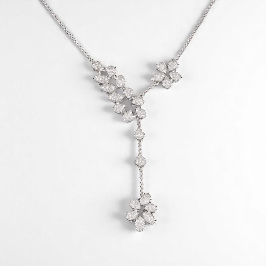 Floral Y-Drop Diamond Necklace, 14k Solid Gold, Natural Diamonds, Asymmetrical Flower Pear Shape Jewelry, Bridal Statement Necklace