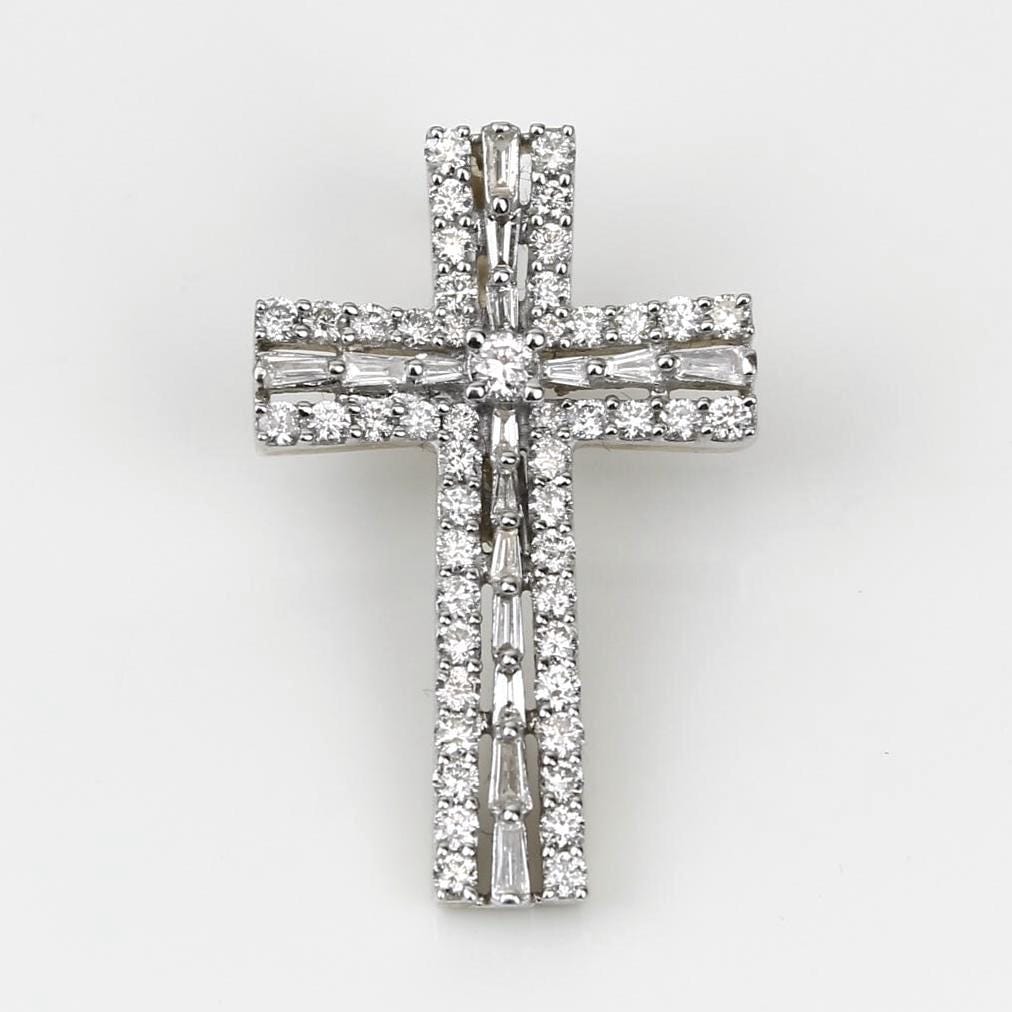 Diamond Cross Pendant, 14k Solid Gold, Natural Diamonds, Baguette Necklace With Adjustable Chain, Communion Religious Jewelry, Faith Pendant