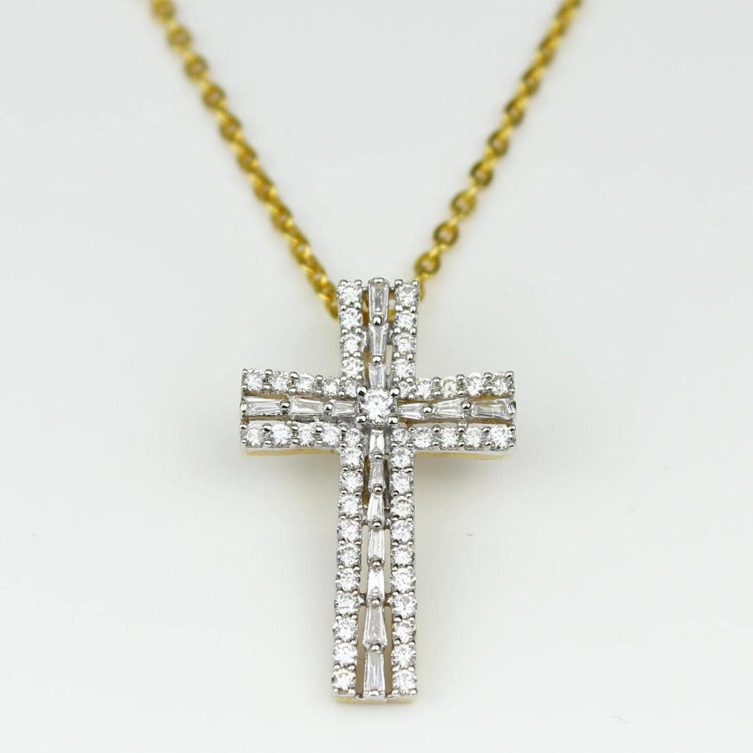 Diamond Cross Pendant, 14k Solid Gold, Natural Diamonds, Baguette Necklace With Adjustable Chain, Communion Religious Jewelry, Faith Pendant