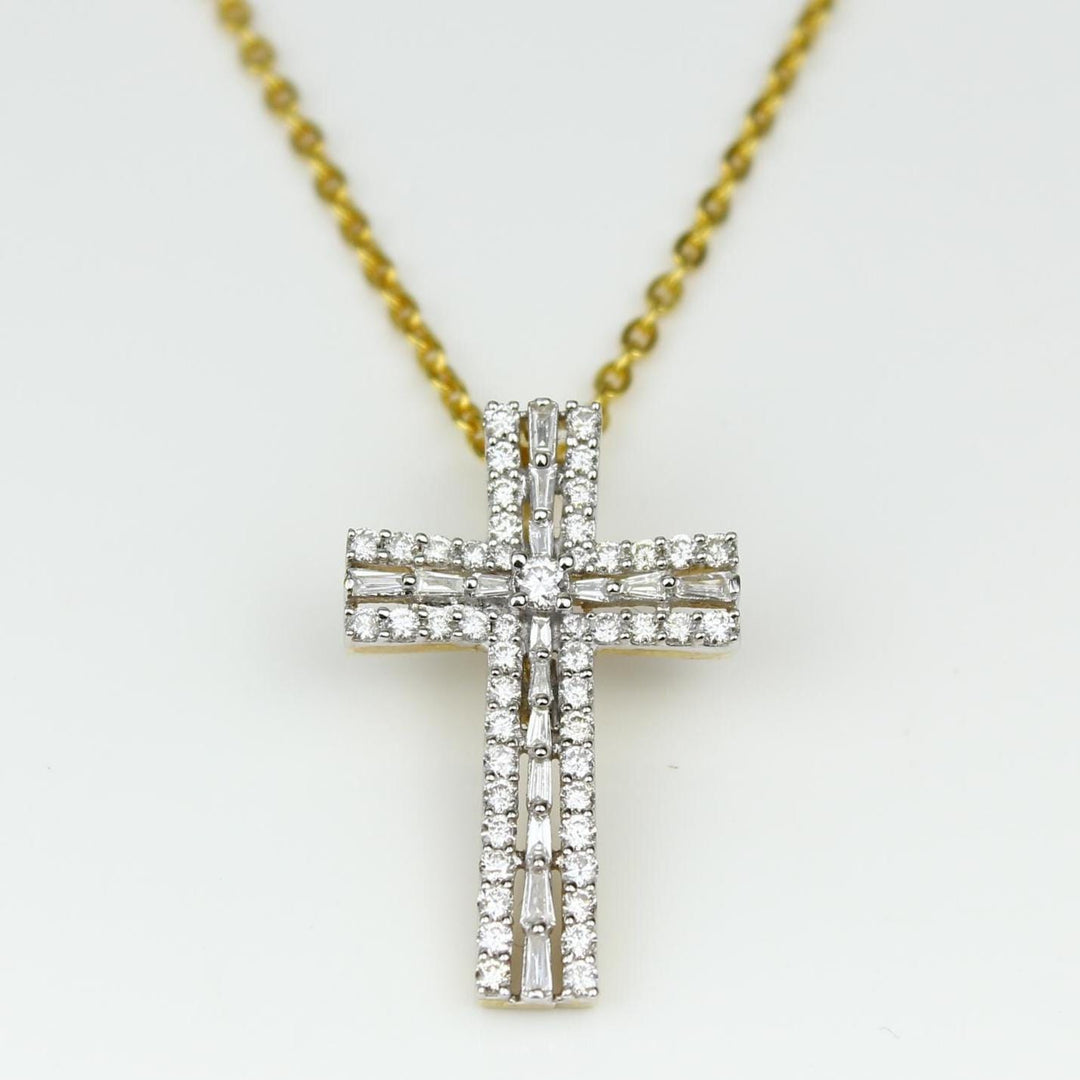 Diamond Cross Pendant, 14k Solid Gold, Natural Diamonds, Baguette Necklace With Adjustable Chain, Communion Religious Jewelry, Faith Pendant