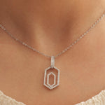 Load image into Gallery viewer, Hexagonal Diamond Pendant Necklace, 14k Solid Gold, Natural Diamonds, Double Halo Statement Pendant, Geometric Stacking Chain Jewelry
