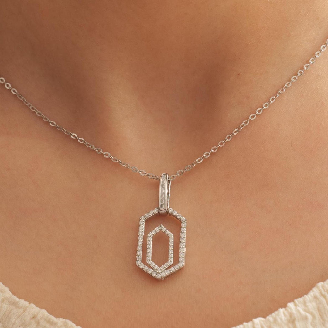 Hexagonal Diamond Pendant Necklace, 14k Solid Gold, Natural Diamonds, Double Halo Statement Pendant, Geometric Stacking Chain Jewelry