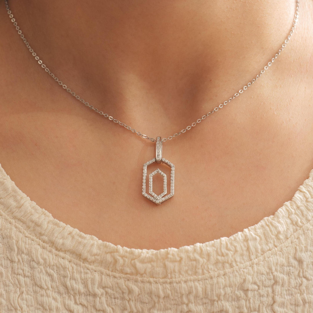 Hexagonal Diamond Pendant Necklace, 14k Solid Gold, Natural Diamonds, Double Halo Statement Pendant, Geometric Stacking Chain Jewelry