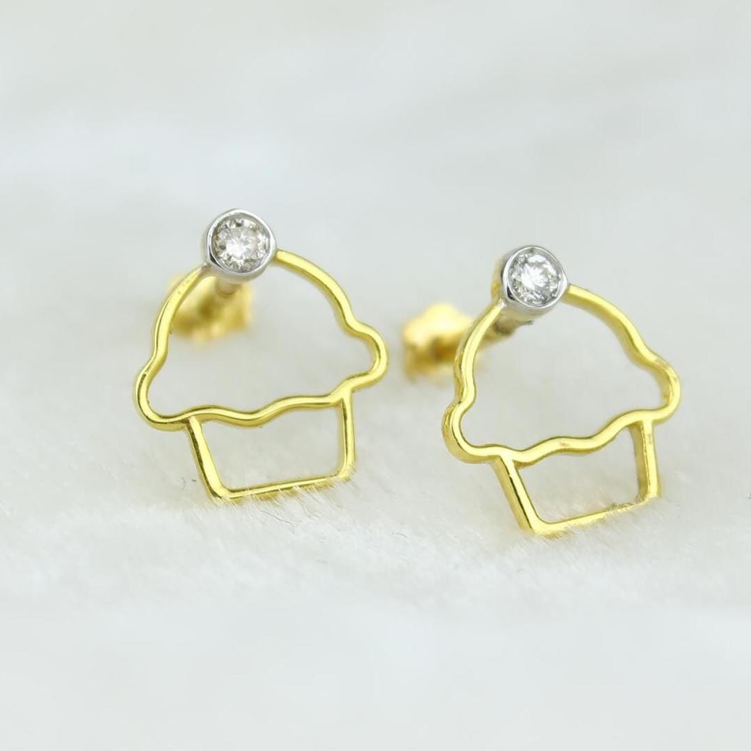 Kids Cupcake Diamond Stud Earrings, 14k Solid Gold, Natural Diamonds, Sweet Treat Jewelry, Gift for girls, Ready To Ship, HRD Certified
