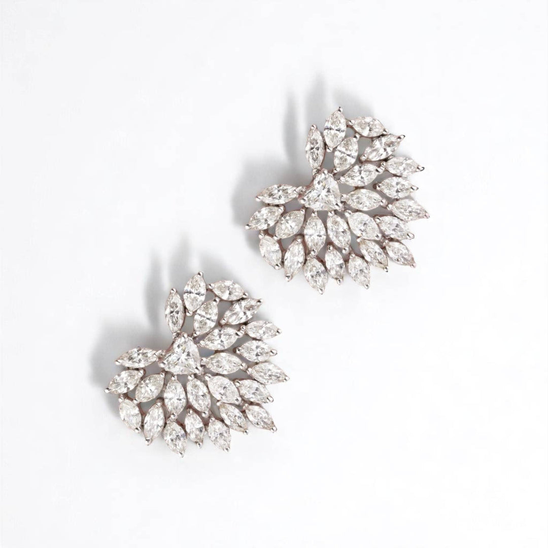 Heart Cluster Stud Earrings, 14k Solid Gold, Natural Diamonds, Angel Marquise Wings Earrings, Bridal Statement Jewelry, Cocktail Studs