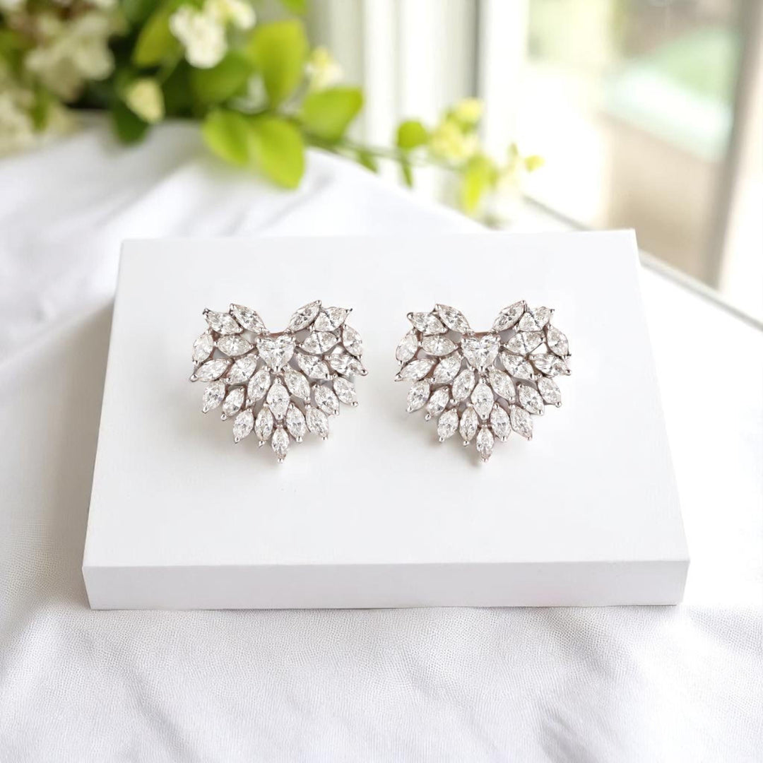 Heart Cluster Stud Earrings, 14k Solid Gold, Natural Diamonds, Angel Marquise Wings Earrings, Bridal Statement Jewelry, Cocktail Studs