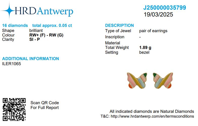 Kids Butterfly Diamond Stud Earrings, 14k Solid Gold With Enameling, Natural Diamonds, Gift for toddlers/girls, Ready To Ship, HRD Certified