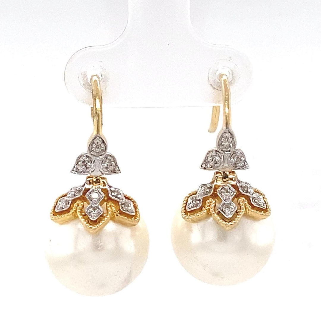 Floral Pearl Drop Diamond Earrings, 14k Solid Gold, Natural Diamonds, Bridal Statement Jewelry, Two Toned Earrings, Minimalistic Earrings